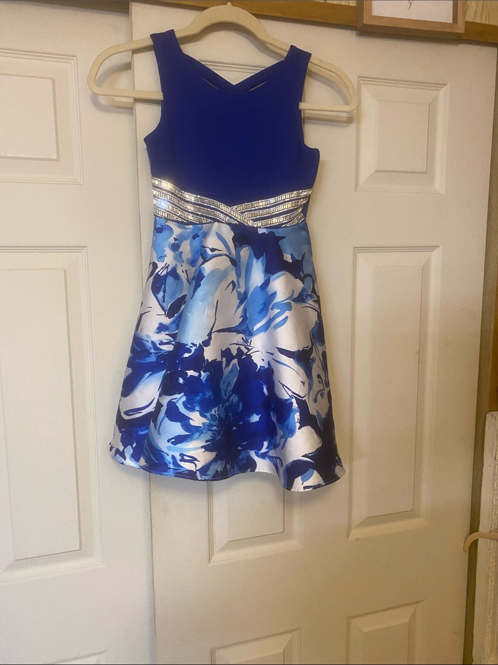 Rare Editions Royal Blue and White Floral Party Dress with Silver Waist
